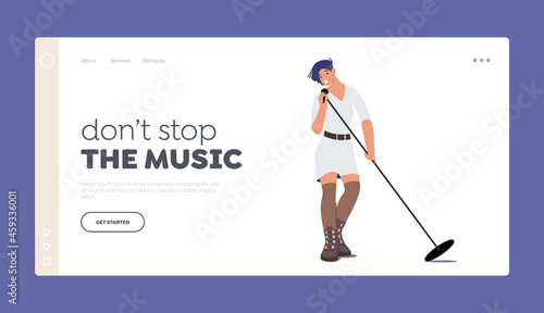 Singer Recreation Landing Page Template. Woman on Stage Holding Microphone Singing Song in Music Band or Night Club