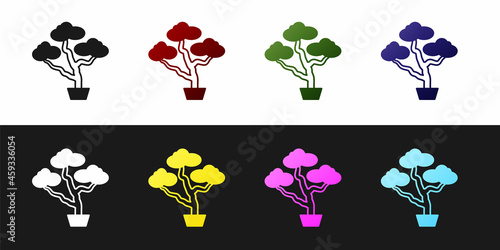 Set Japanese bonsai tree icon isolated on black and white background. Japanese culture, horticulture, olericulture hobby concept. Vector