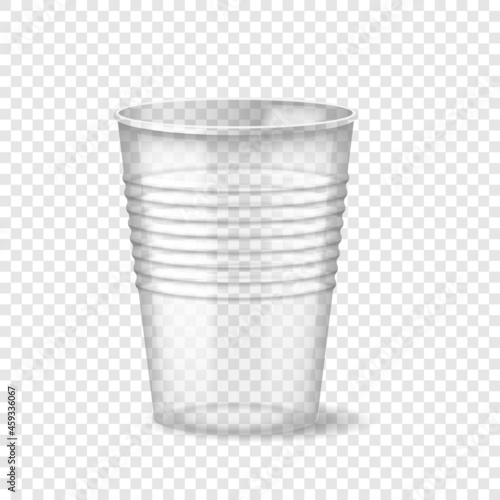 Empty transparent realistic cup glass. Mockup plastic disposable 3D packaging for takeaway