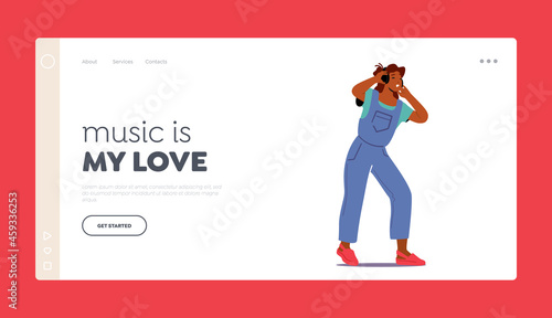 Relaxing Time Landing Page Template. Youth Girl Listening Sound Track in Headphones. Young Woman Listen Music, Relax
