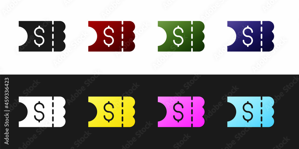 Set Lottery ticket icon isolated on black and white background. Bingo, lotto, cash prizes. Financial success, prosperity, victory, winnings luck. Vector