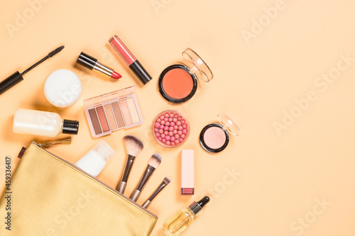 Make up products. Professional cosmetics at color background. Flat lay image with copy space.