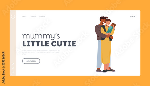 Multiracial Loving Parents with Baby Landing Page Template. Mother and Father Caucasian and African Ethnicity Family