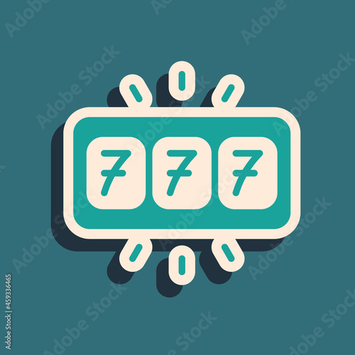 Green Slot machine with lucky sevens jackpot icon isolated on green background. Long shadow style. Vector