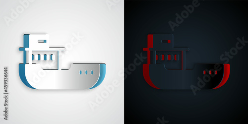 Paper cut Cargo ship icon isolated on grey and black background. Paper art style. Vector