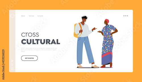 Cross Cultural Communication Landing Page Template. Multiethnic People African Man and Woman Talking, Speaking