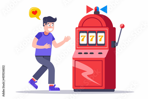 man addicted to gambling slot machines. lover of excitement. Flat character vector illustration.