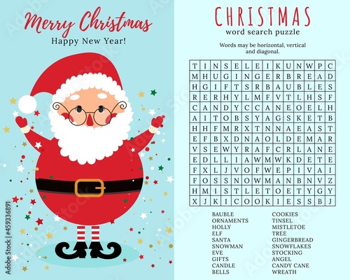 Christmas word search puzzle. Educational game for children. Winter holidays  theme learning vocabulary. Crossword with funny Santa Claus. Printable worksheet. Suitable for social media post. 