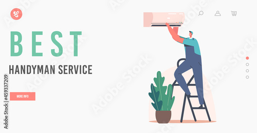 Best Handyman Service Landing Page Template. Repair Master Character Fixing Broken Conditioner at Home or Office