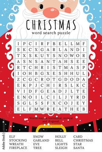 Christmas word search puzzle. Educational game for children. Winter holidays  theme learning vocabulary. Crossword with funny Santa Claus. Printable worksheet. Suitable for social media post. 