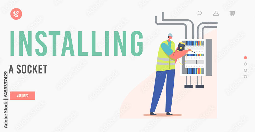 Installing Socket Landing Page Template. Electrician Worker Examine Working Draft or Measure Voltage at Dashboard Installing Socket Landing Page Template. Electrician Worker Examine Working Draft or Measure Voltage at Dashboard