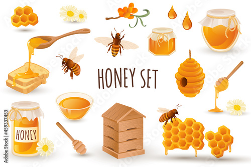 Honey production icon set in realistic 3d design. Bundle of bees, honeycomb, apiary, toast, beehive, jar with honey and other. Beekeeping collection. Vector illustration isolated on white background