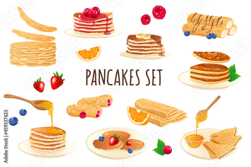 Pancakes icon set in realistic 3d design. Bundle of stacks of pancakes with different filling, berries, honey, chocolate and other. Cooking collection. Vector illustration isolated on white background