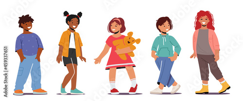 Smiling Kids, Multiracial Boys and Girls Toddlers Characters Wear Fashionable Clothes. Children Smile, Positive Emotions