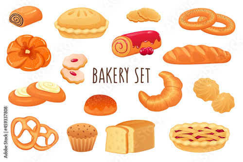 Bakery icon set in realistic 3d design. Bundle of sweet rolls, pie, cookies, muffins, croissant, fresh bread, bun and other. Baking menu collection. Vector illustration isolated on white background