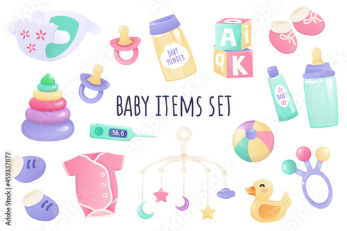 Baby items icon set in realistic 3d design. Bundle of diaper, pacifier, powder, cream, bottle, clothes, toys and other. Newborn accessory collection. Vector illustration isolated on white background