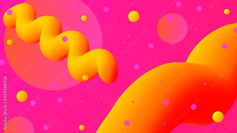 Orange fluids and balloons on a pink background. A beautiful, multi-colored abstraction with holiday elements.