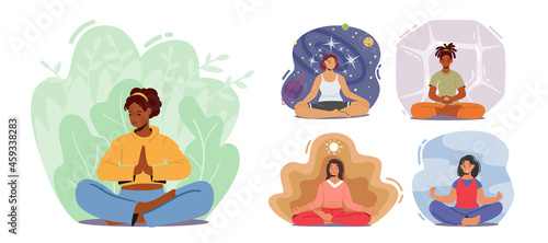 Set Life Harmony, Yoga Meditation. Multiracial Women Meditating, Relaxed Female Characters Sitting in Lotus Pose
