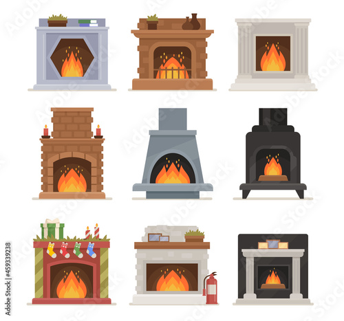 Set of Burning Fireplace Design. Indoors Heating System in Modern and Vintage Style. Classic and Modern Stoves with Fire