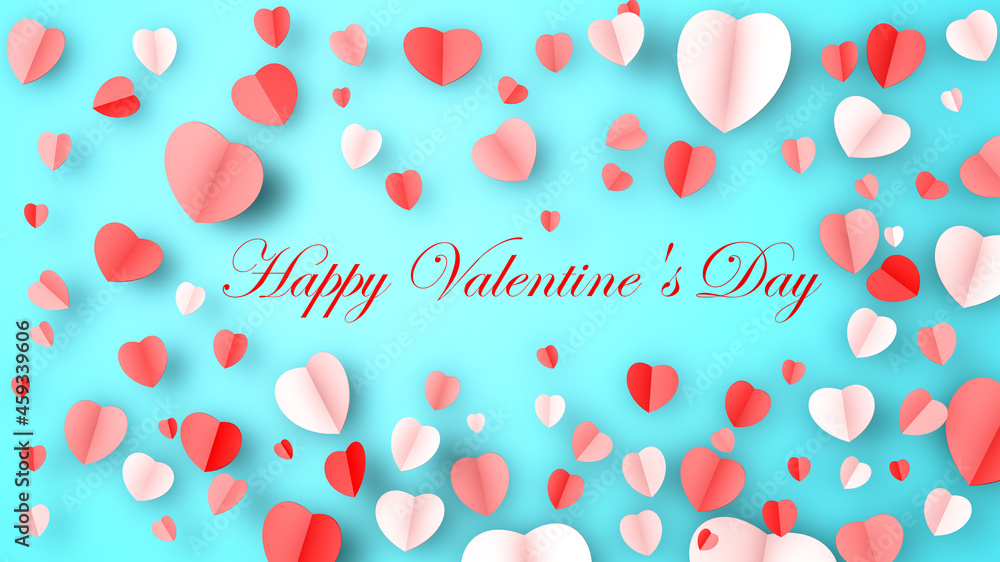 Happy Valentine's Day kraft paper design, contains pink 3D hearts, soft blue background with red lettering, 3D rendering.