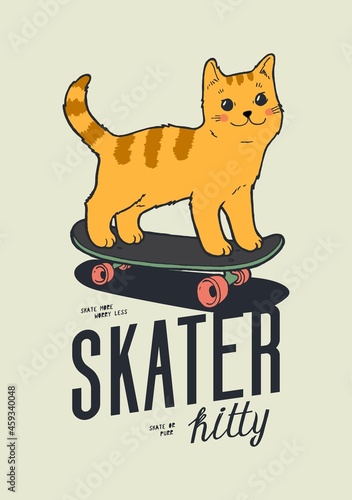  Cute cat standing on skateboard. Skater kitty summer street sports t-shirt print vector illustration.