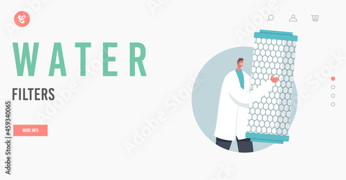 Man Scientist with Huge Water Filter Landing Page Template. Tiny Character with Treatment or Filtration System Equipment