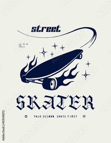 Street skater. Retro futuristic typography illustration of a skateboard on fire flying through the stars. 90s style street fashion shirt.