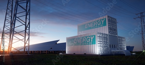 Energy storage containers. Solar panels at sunset. 