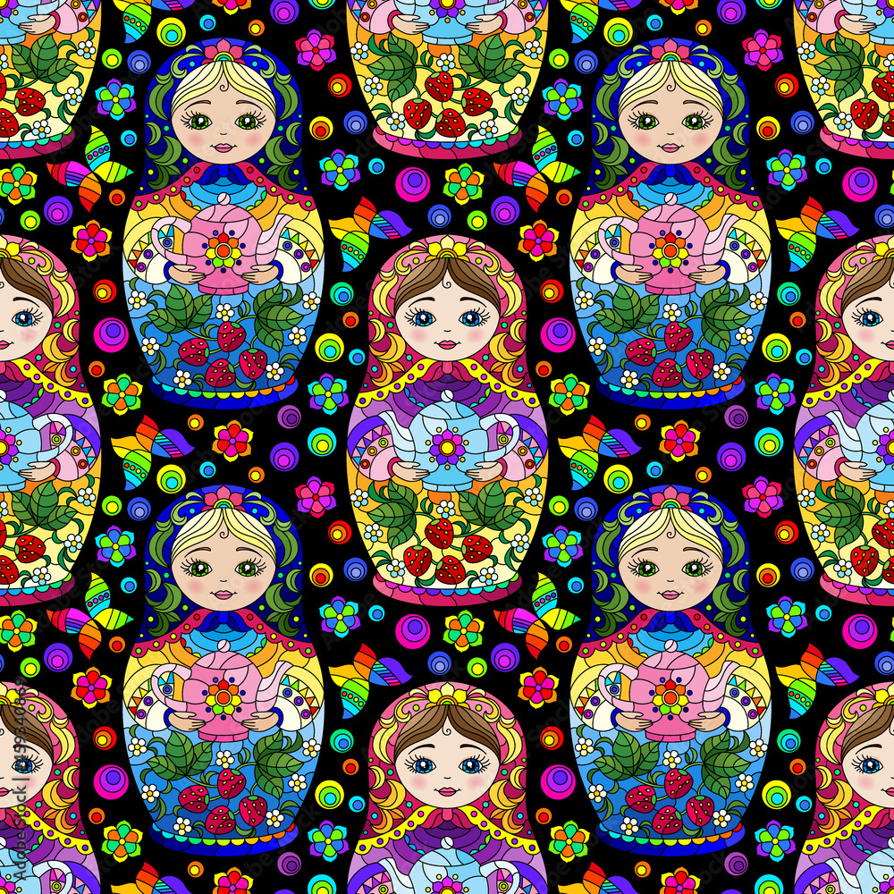 Seamless pattern with bright Russian dolls and butterflies, toys on a dark background