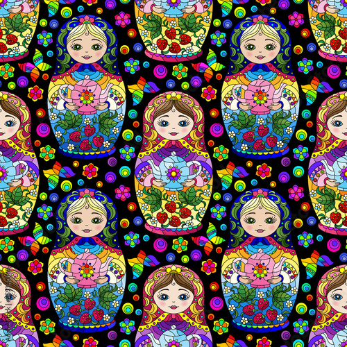Seamless pattern with bright Russian dolls and butterflies, toys on a dark background