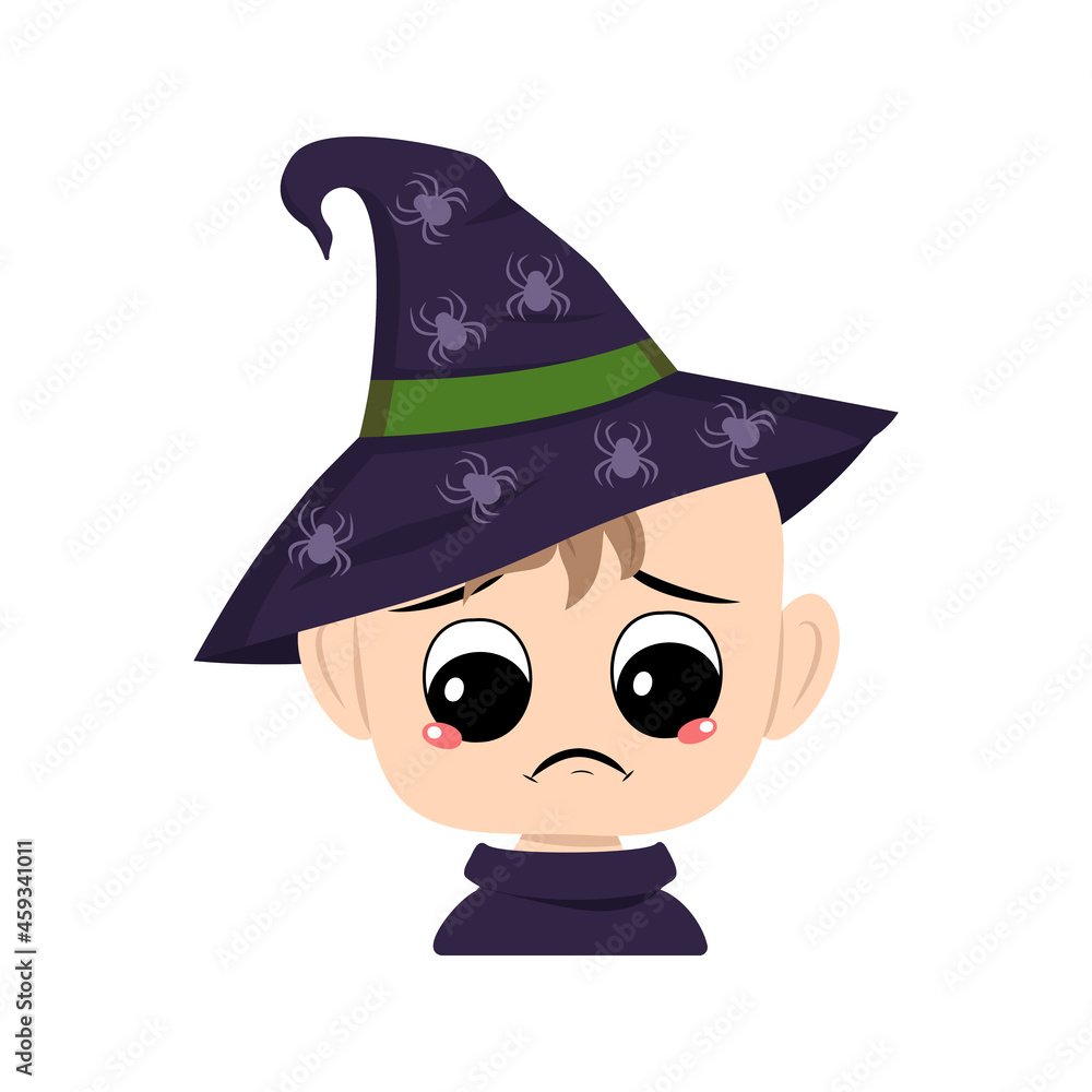 Avatar of child with big eyes and depressive emotion, sad face in a pointed witch hat with spider. The head of a toddler with melancholy face. Halloween party decoration Avatar of child with big eyes and depressive emotion, sad face in a pointed witch hat with spider. The head of a toddler with melancholy face. Halloween party decoration
