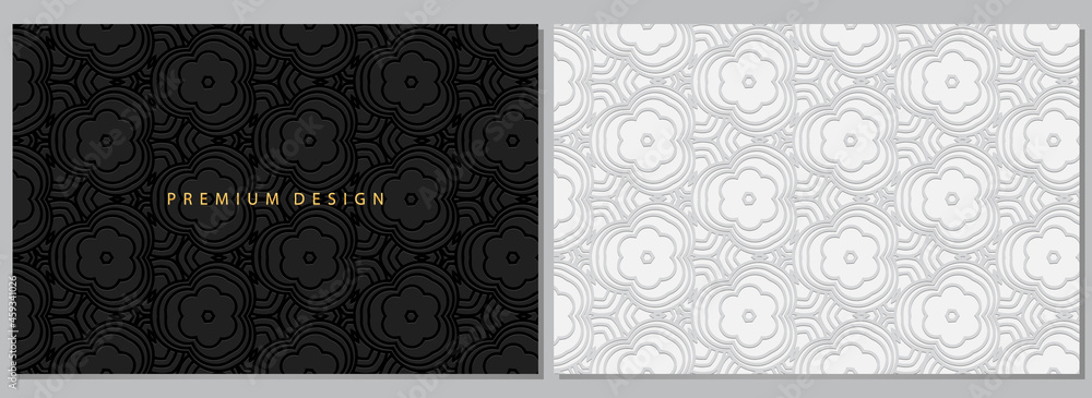 Original banners, set of black and white cover designs, horizontal vector templates. Geometric volumetric convex ethnic 3D pattern. Eastern, Indonesian, Mexican, Aztec style. Original banners, set of black and white cover designs, horizontal vector templates. Geometric volumetric convex ethnic 3D pattern. Eastern, Indonesian, Mexican, Aztec style.