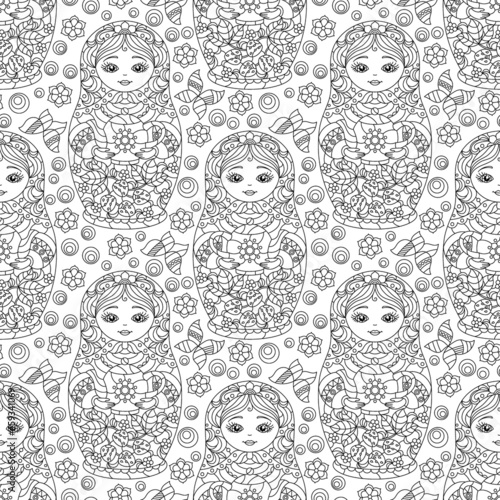 Seamless pattern with dark contour  Russian dolls and butterflies, toys on a white background