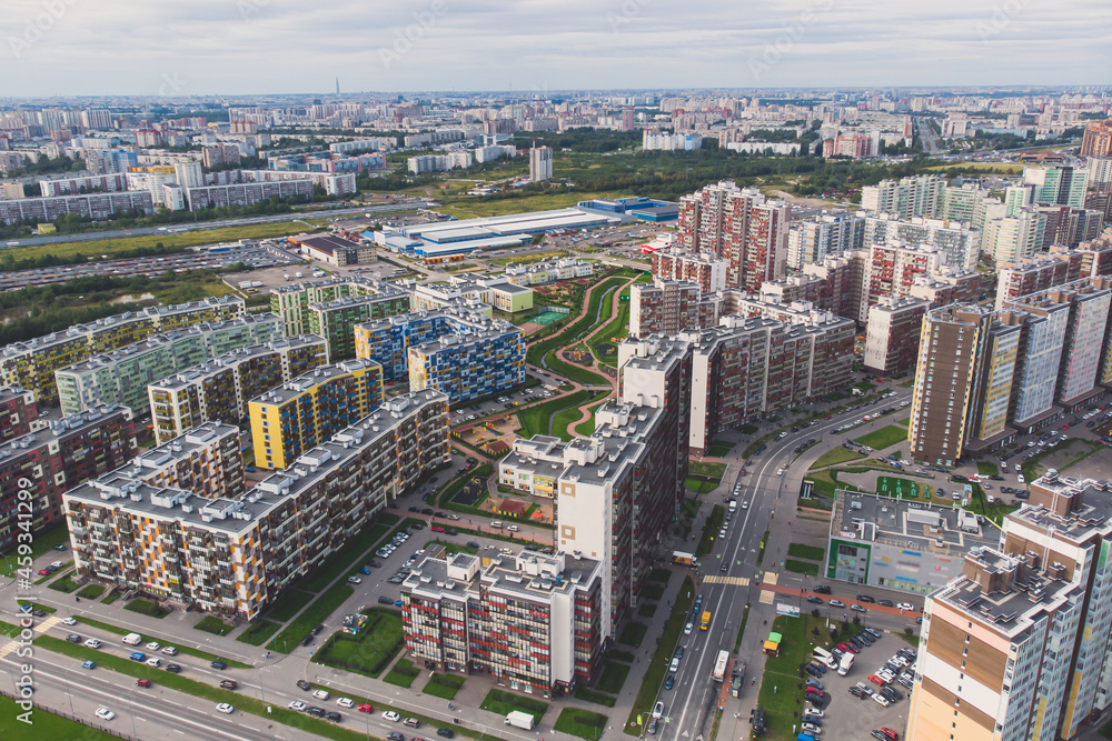 Aerial drone view of Kudrovo city skyline panorama, Saint-Petersburg outskirts, Leningrad oblast, Vsevolozhsky District high density living suburbia, high rise district area, Dybenko station, Russia