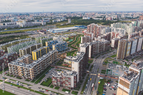 Aerial drone view of Kudrovo city skyline panorama, Saint-Petersburg outskirts, Leningrad oblast, Vsevolozhsky District high density living suburbia, high rise district area, Dybenko station, Russia photo