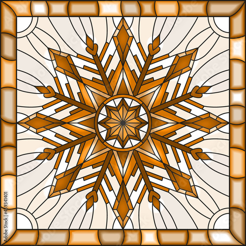 Illustration in stained glass style with snowflake in blue colors in a frame,monochrome,tone brown