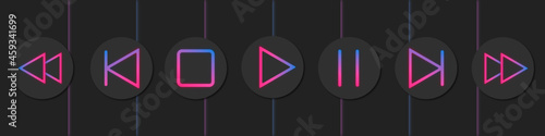 Botones para reproductor de música o video, tonos neón azul y rosa y fondo oscuro, ilustración vectorial photo