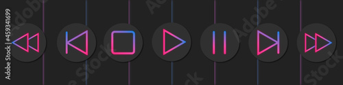 Botones para reproductor de música o video, tonos neón azul y rosa y fondo oscuro, ilustración vectorial