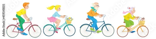 Happy family on bicycles. Boy, girl, grandparents ride a bike together. Banner in cartoon style. Isolated on white background. Vector illustration.