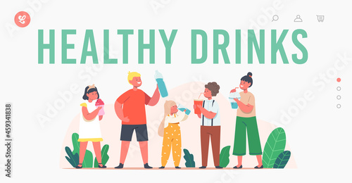 Healthy Drink Landing Page Template. Kids Drinking Clean Water. Little Boys and Girls Characters with Cups and Bottles
