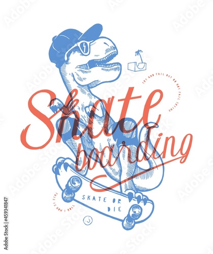 T-rex dino skateboarding vintage typography t-shirt print. Street sports dinosaur character in baseball hat and sunglasses. Dino skater vector illustration.