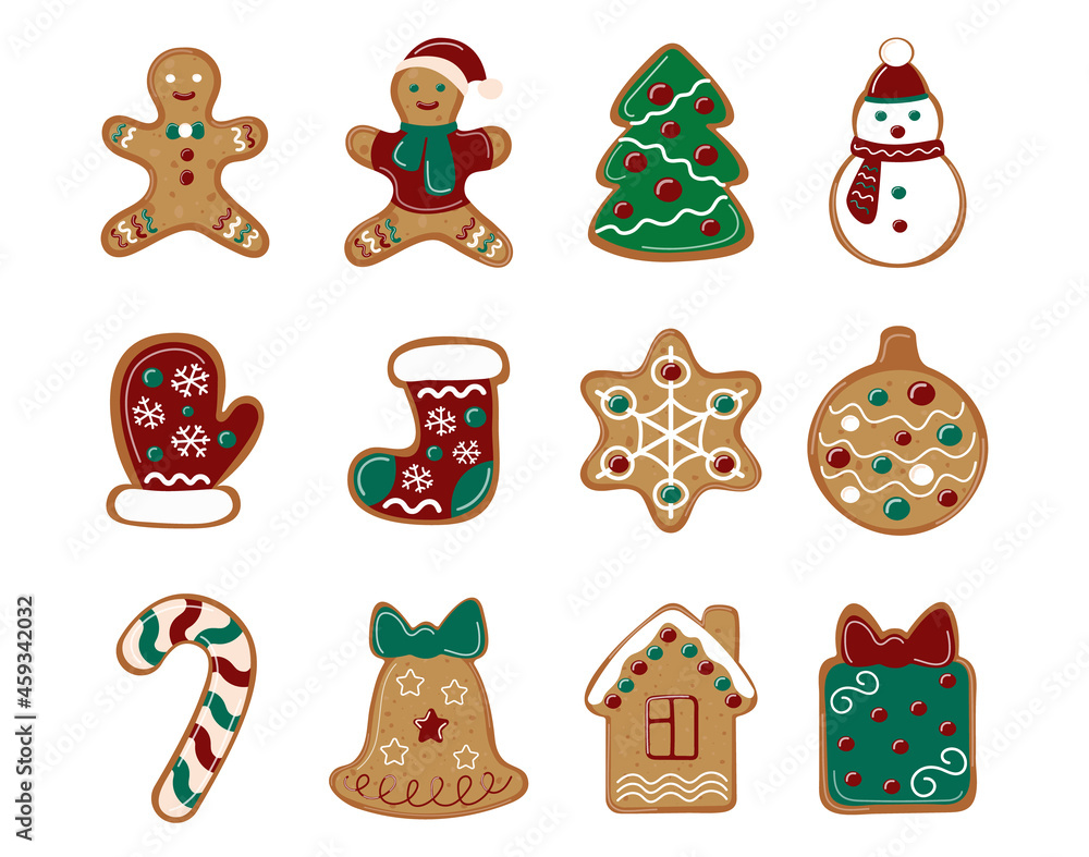 Set of Christmas gingerbread. Ginger man, tree and other New year cookies. Traditional Christmas bakery. Isolated elements for design. Vector collection Set of Christmas gingerbread. Ginger man, tree and other New year cookies. Traditional Christmas bakery. Isolated elements for design. Vector collection