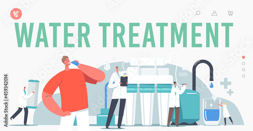 Water Treatment System Landing Page Template. Tiny Scientist Use Filtration Aqua Filter for Cleaning and Purification