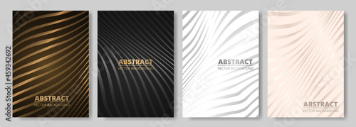 Modern elegant luxury cover design set for flyer layout, brochure, presentation. Vector luxury backgrounds collection with abstract wavy lines pattern in gold, black, white, silver and rose gold color