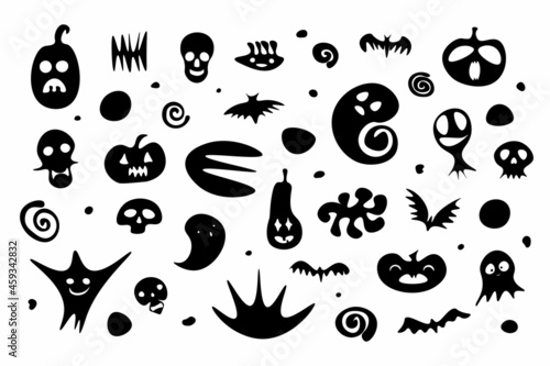 Happy Halloween set. Hand-drawn Black ghost, pumpkin, skeleton, skulls, bat on white background. Cute scary horror characters banner for fall holidays, Day of the Dead. Vector cartoon illustration