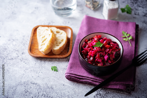 Beet potatoes green peas carrots pickled cucumbers salad