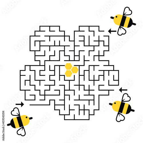 Labyrinth. Help 3 bee find  way in flower maze. Game for kids, adult. Sketch vector illustration.