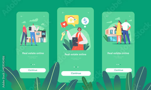 Real Estate Online Mobile App Page Onboard Screen Template. Client Characters Choose Home for Mortgage, Rent or Buying