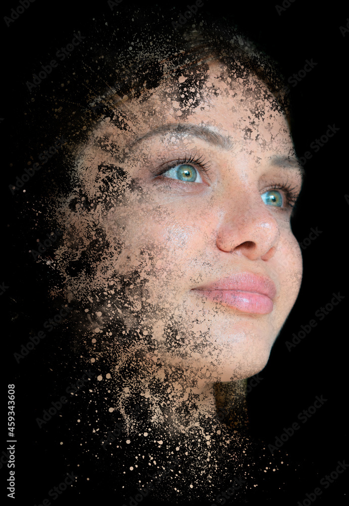 A portrait of young woman combined with a painting of grungy splashes