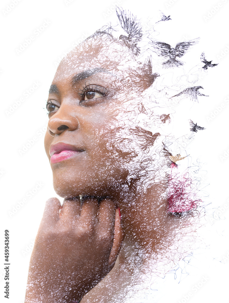 Paintography.portrait of a beautiful woman combined with a painting of the birds